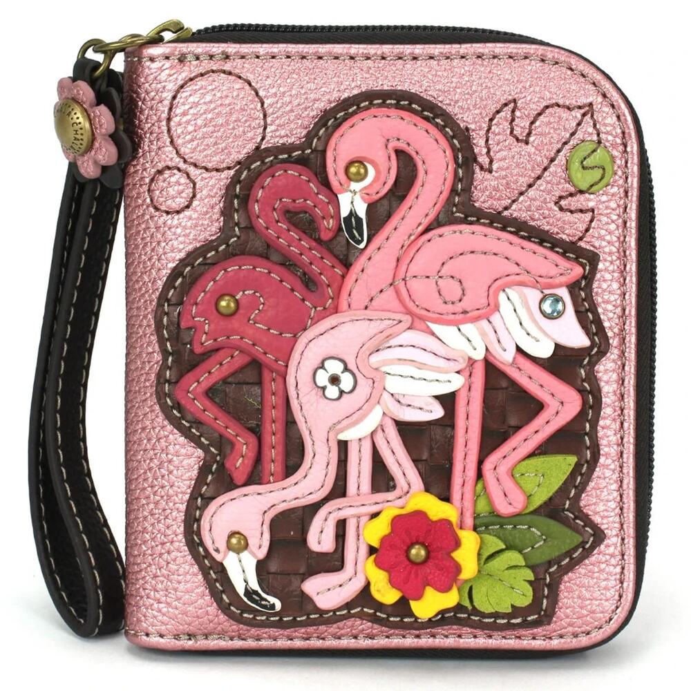 Chala Faux Leather Zip Credit Card Wallet Wristlet - Flamingo Group, Pink NWT